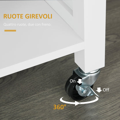 Space-Saving Trolley with Wheels, Solid Wood Kitchen Peninsula: 1 Drawer, 1 Cabinet, 3 Shelves and 4 Wheels, 107.5x48x89 cm