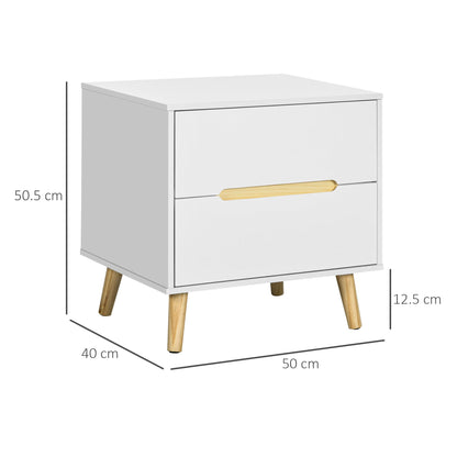 Modern Bedside Table with 2 Drawers in Chipboard and Pine Wood Legs, 50Lx40Dx50.5H cm, White