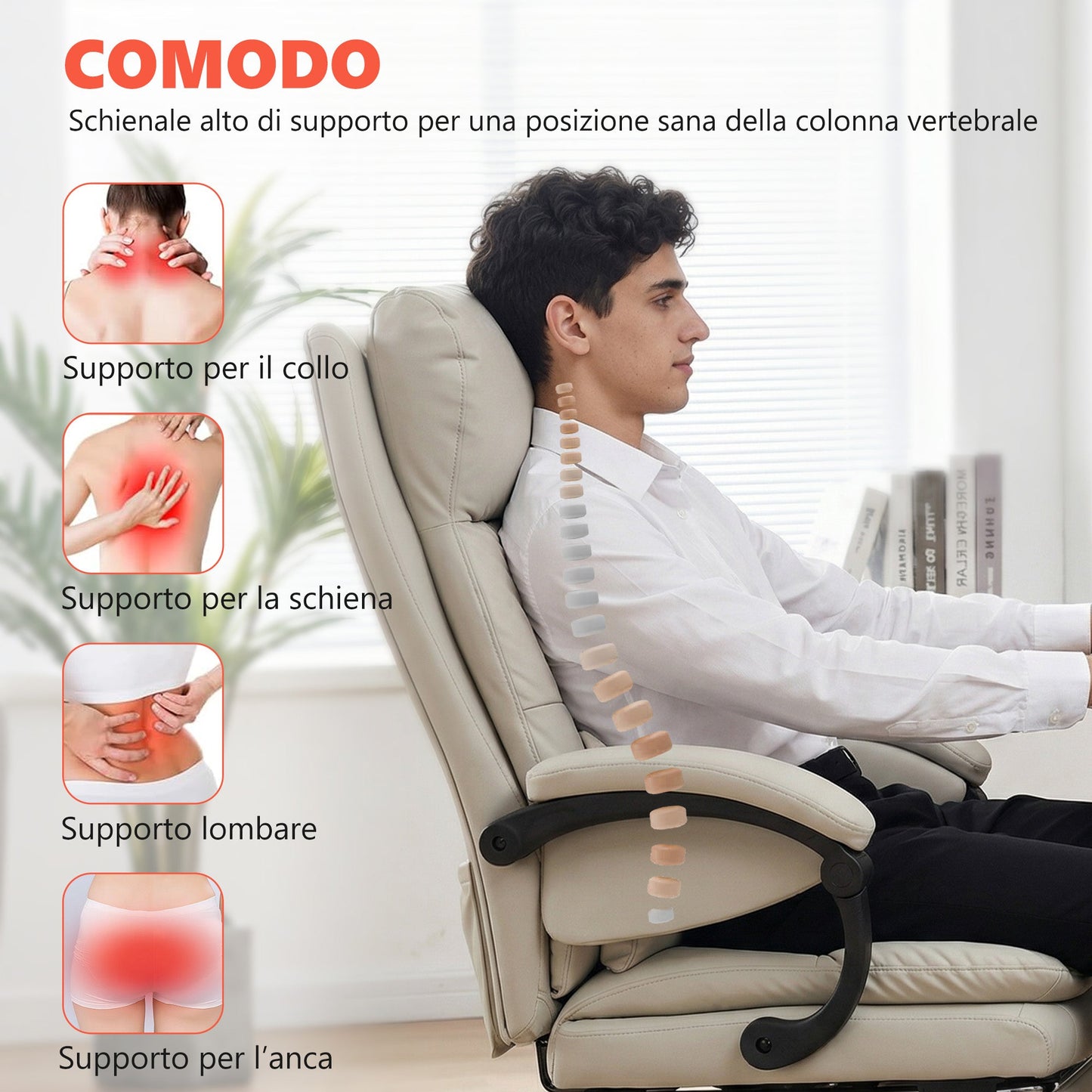 Heated Massage Office Chair, 135° Reclining with PU Leather Footrest, Light Grey