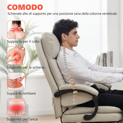 Heated Massage Office Chair, 135° Reclining with PU Leather Footrest, Light Grey