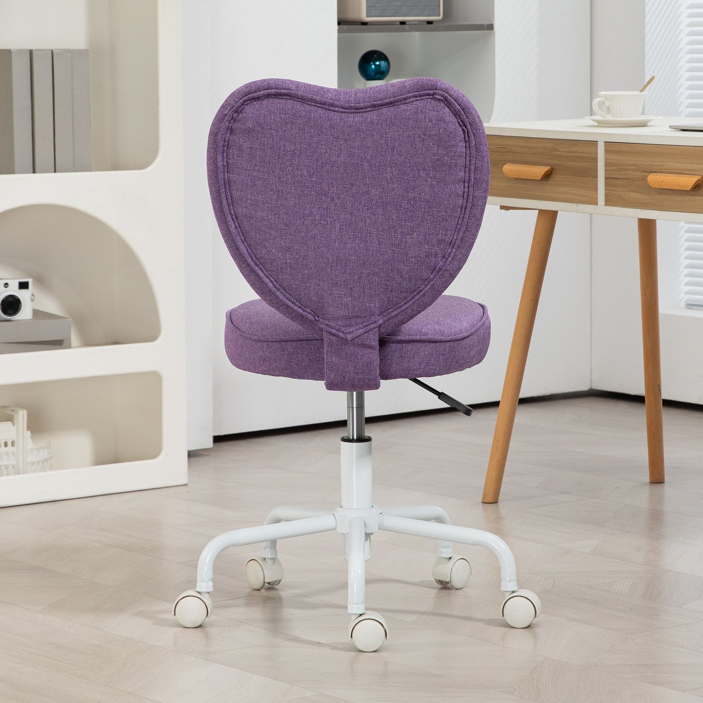 Heart-Shaped Desk Chair with 5 Wheels and Adjustable Height in Fabric, 40x50x79-89cm, Purple