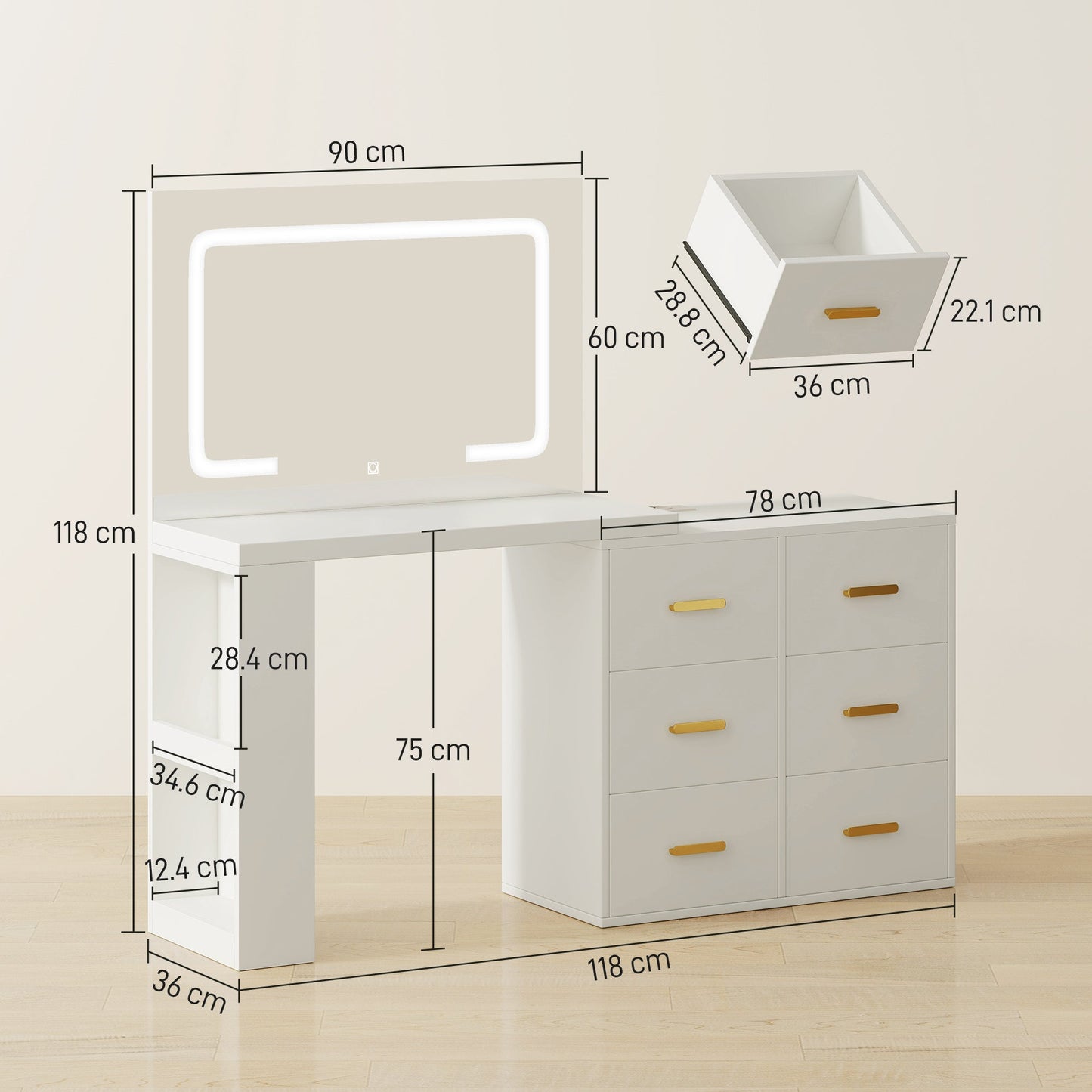 Dressing Table with Mirror and Adjustable LED Lights, 6 Drawers, 2 Shelves and Electrical Sockets, White