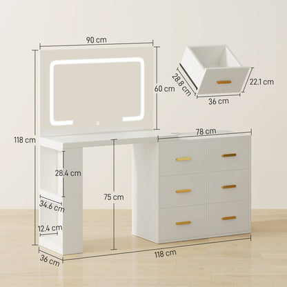 Dressing Table with Mirror and Adjustable LED Lights, 6 Drawers, 2 Shelves and Electrical Sockets, White