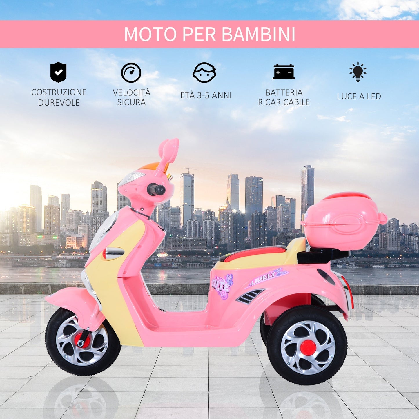 PINK MOTORINO | Children's Electric tricycle for 6v girls with lights and music, pink