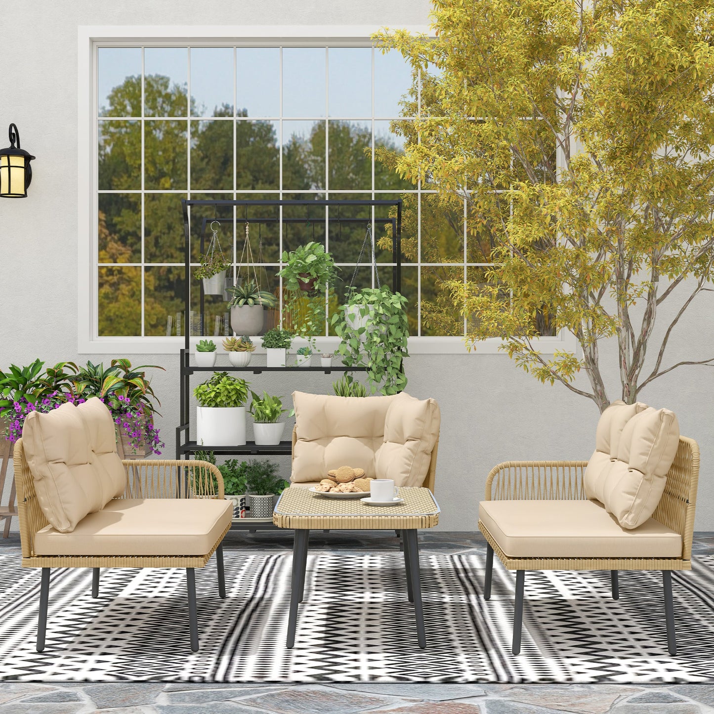 Rattan Garden Lounge Set 2 Sofas and Corner Chair with Cushions, Glass Coffee Table, Wood Color