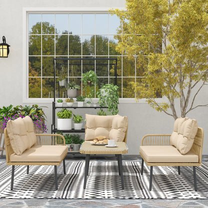 Rattan Garden Lounge Set 2 Sofas and Corner Chair with Cushions, Glass Coffee Table, Wood Color