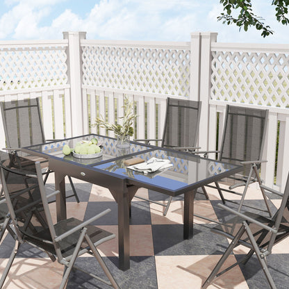 Garden Set with Extendable Glass Table and 6 Folding Outdoor Chairs, Steel and Textilene, Grey
