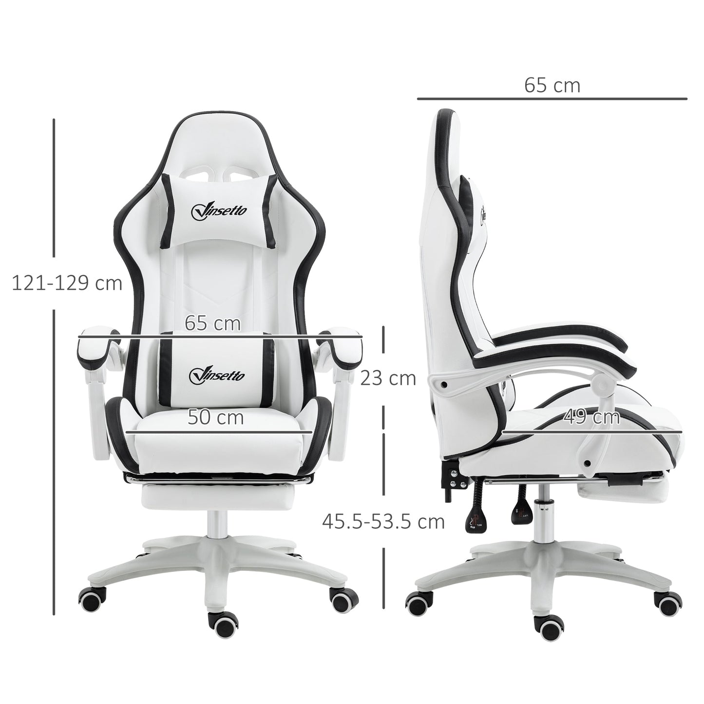 Gaming Chair with Adjustable Height and Reclining Backrest, 65x65x121-129 cm, Black and White