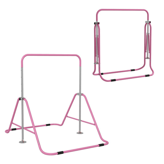 Folding Pull Up Bar for Children 3-8 Years with Adjustable Heights in Steel, 154x106.2x88.5-128.5cm, Pink