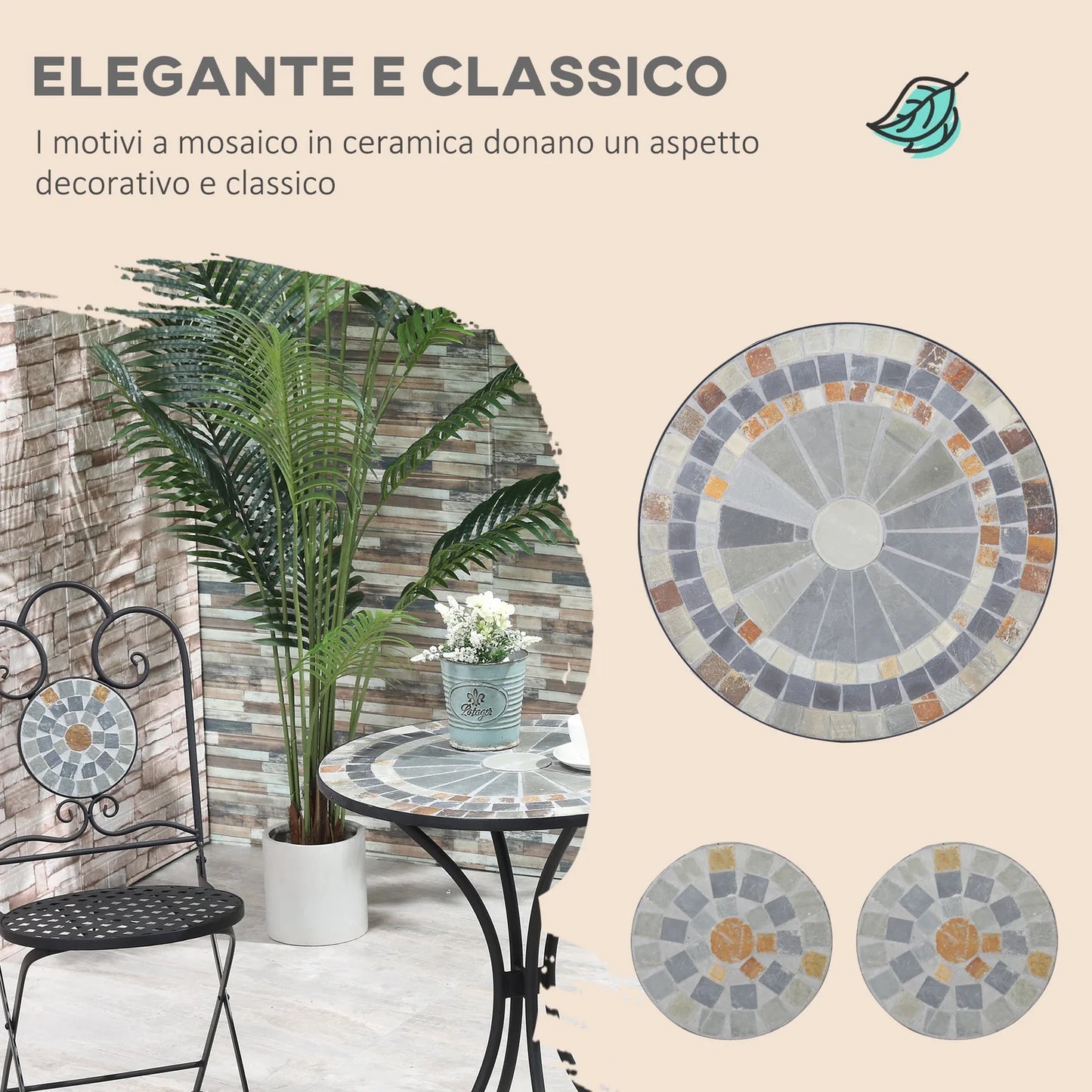 3‑Piece Grey Mosaic Garden Bistro Set with Folding Chairs