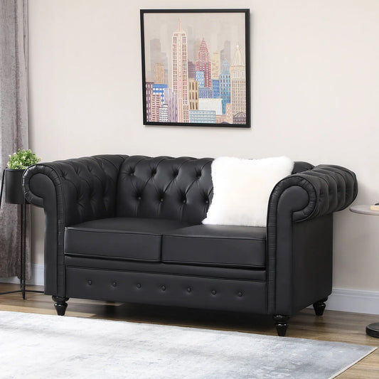 Chesterfield Style 2 Seater Sofa PU Leather with Removable Cushion, 160x84x80 cm, Black
