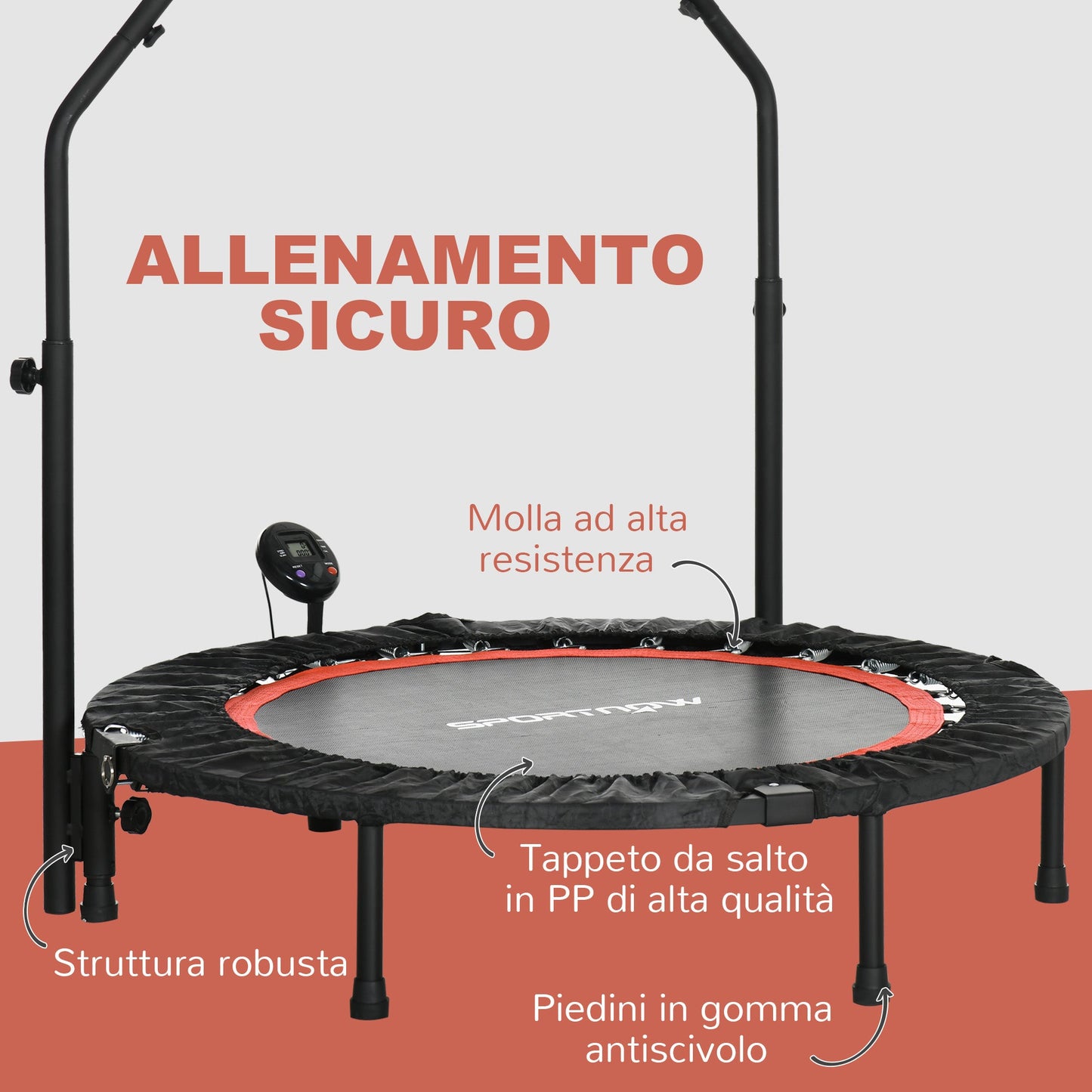 Mini Fitness Trampoline Ø102 cm with Adjustable Handlebar, Foldable Elastic Trampoline, Black