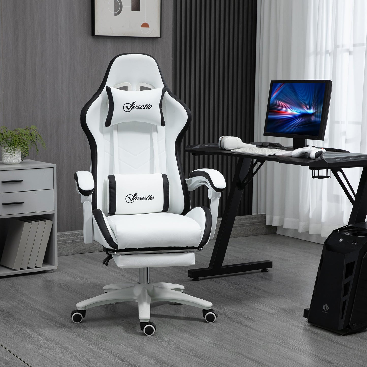 Gaming Chair with Adjustable Height and Reclining Backrest, 65x65x121-129 cm, Black and White