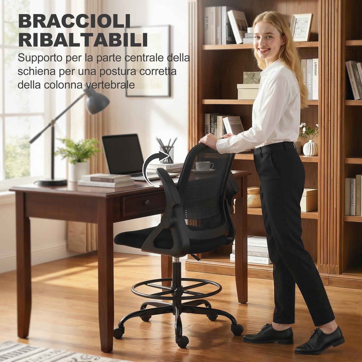 Ergonomic Office Chair with Lumbar Support and Footrest, Fabric and Steel, 58x63x105-126 cm, Black