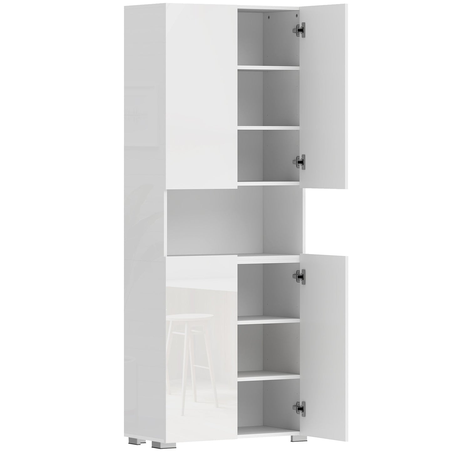 180cm Tall Kitchen Sideboard, Pantry Unit with Soft-Close Doors, Open Shelf, 2 Cabinets, Adjustable Shelves, Modern Kitchen Cabinet for Dining Room Living Room, High Gloss White