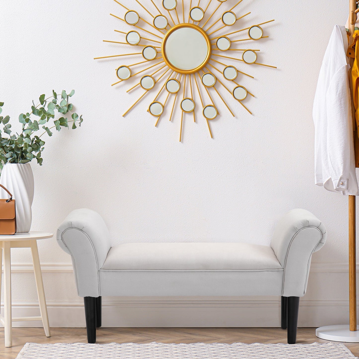 Bed End Bench with Rolled Armrests, Padded Bench for Bedroom, Grey, 102x36x51cm