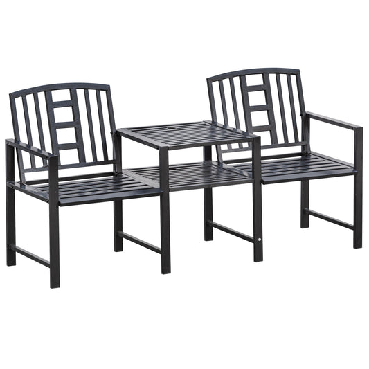 Modern 2-Seater Garden Bench with Table and Umbrella Hole Outdoor Furniture 165x56x85.5cm Black