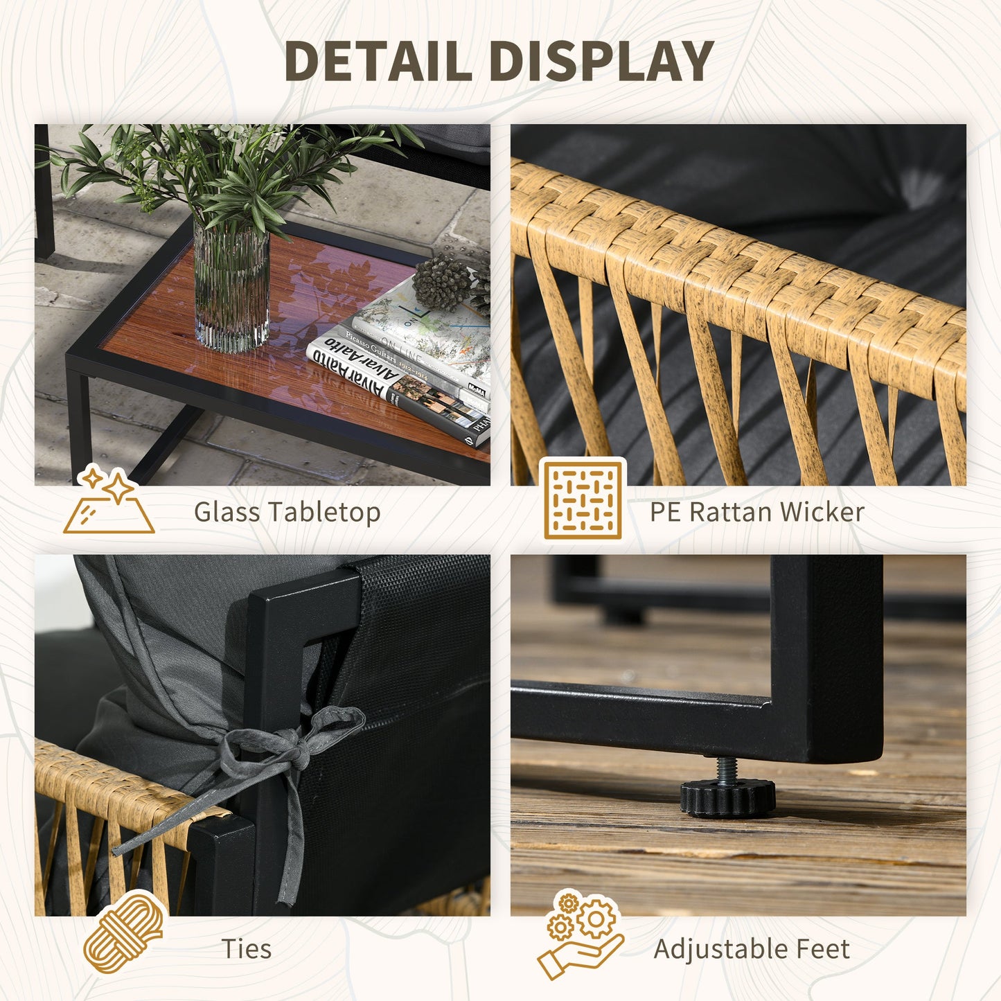 CAMILLA | 4 Piece Rattan Garden Set with Sofa, 2 Chairs and Coffee Table, Grey and Brown