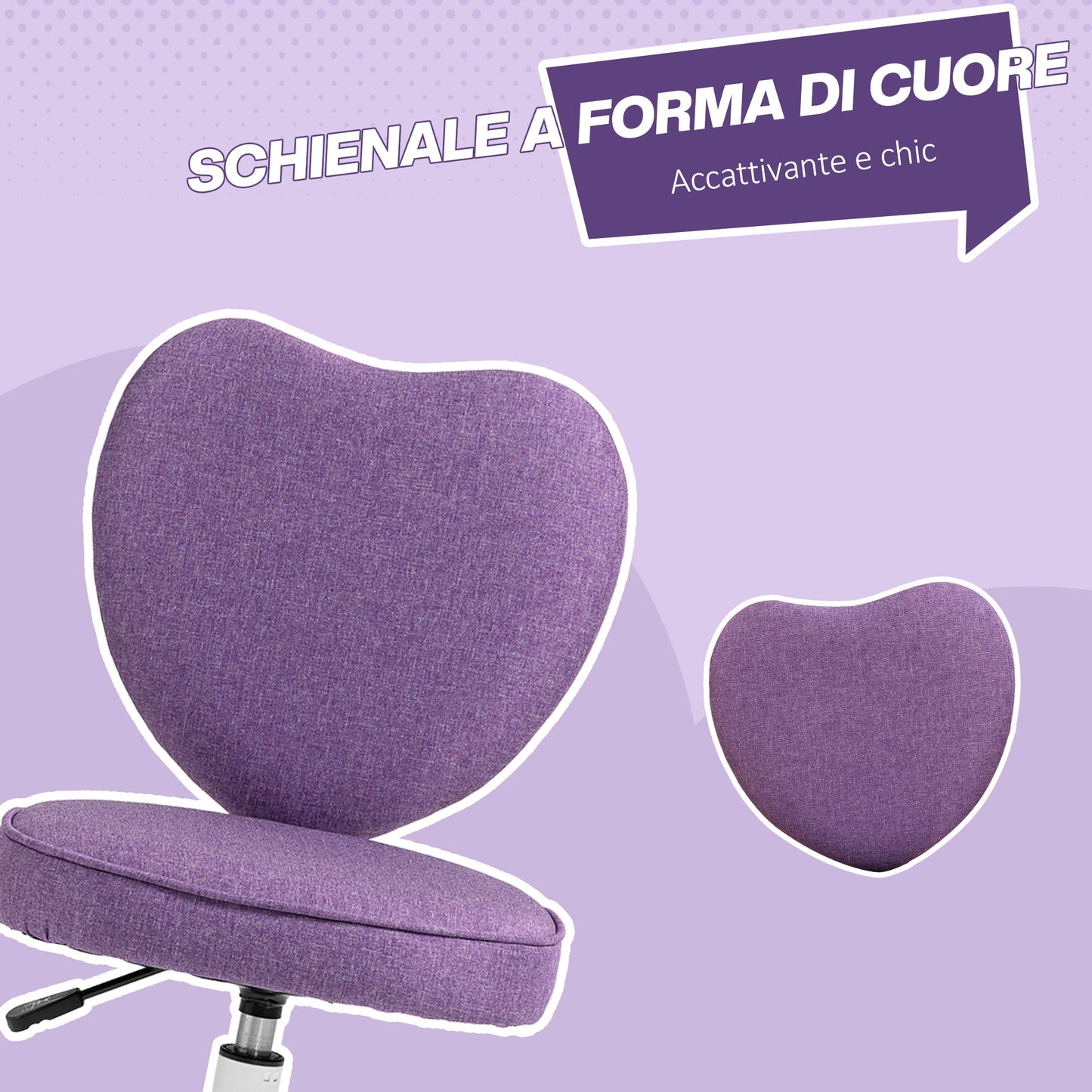 Heart-Shaped Desk Chair with 5 Wheels and Adjustable Height in Fabric, 40x50x79-89cm, Purple