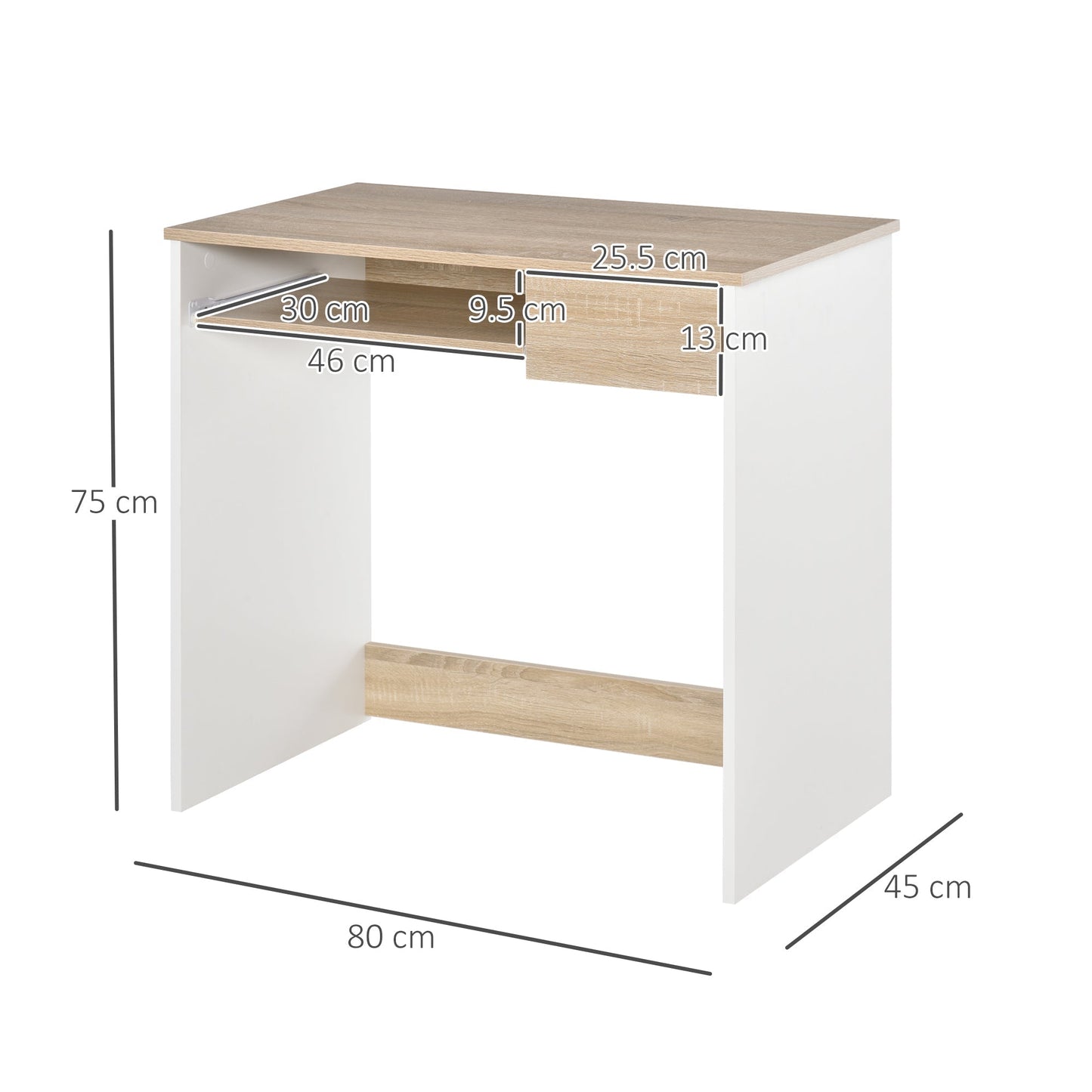 Desk for PC with keyboard shelf, oak white