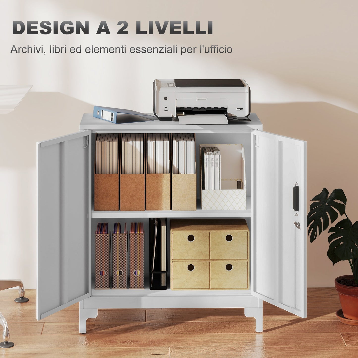 Office Cabinet with 3 Shelves, 2 Doors and Keys, 80x35x91 cm, White