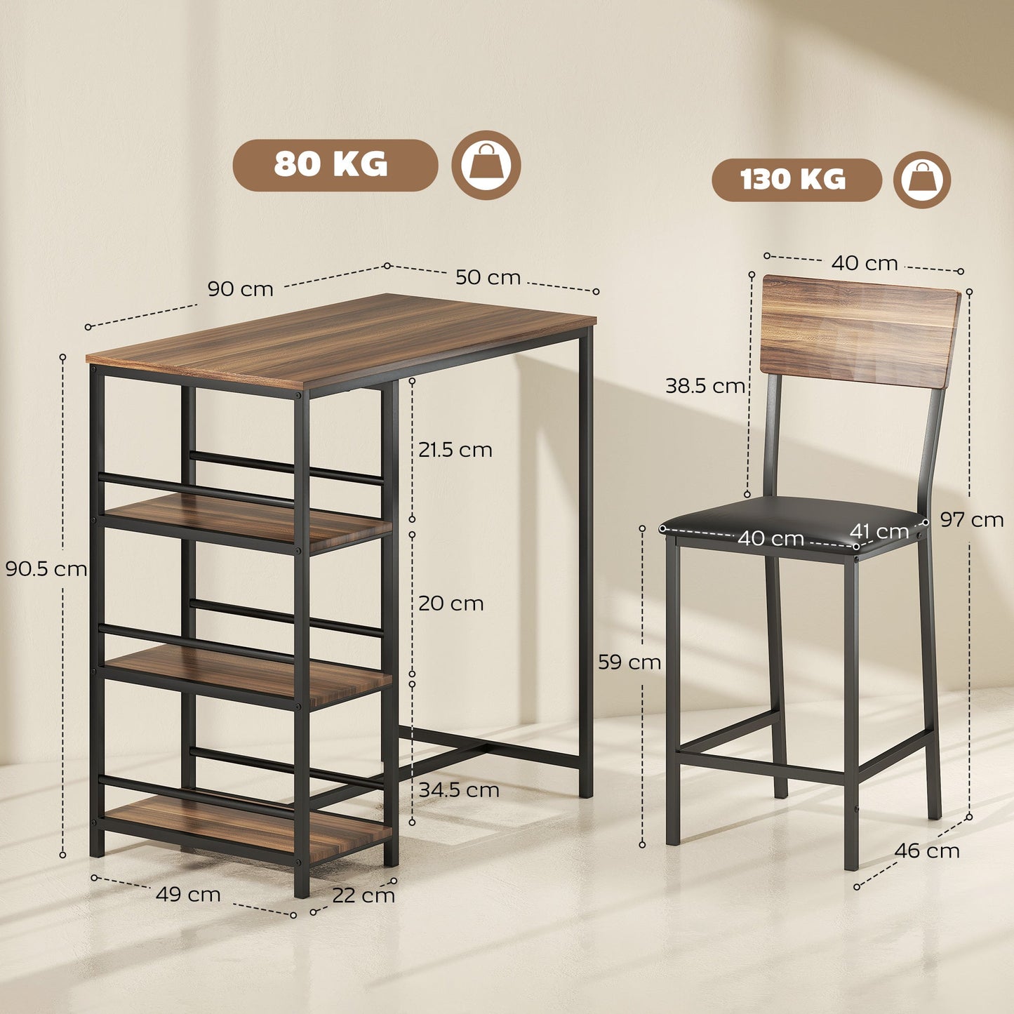 3-Tier Bar Table and 2 Stools with Footrest and Backrest, Wood and Steel, Black and Walnut