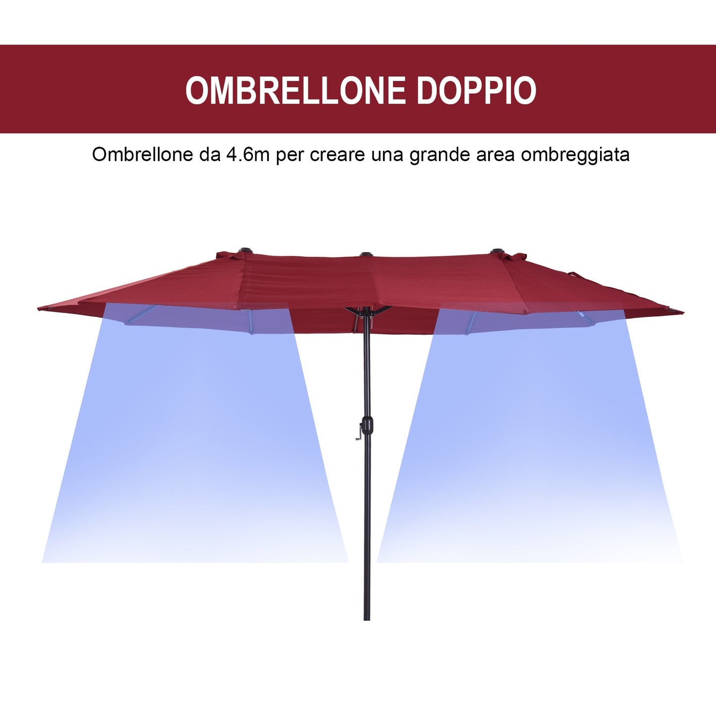 Double Garden Umbrella with Crank Opening, in Steel and Polyester, 460x270x240 cm, Red