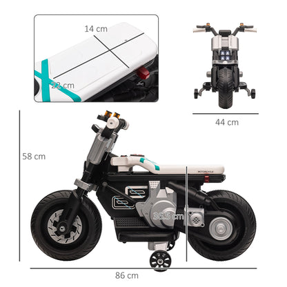 Electric Motorcycle for Children 3-5 Years in PP and Metal with Wheels, Horn and Music, 86x44x58 cm, White and Black
