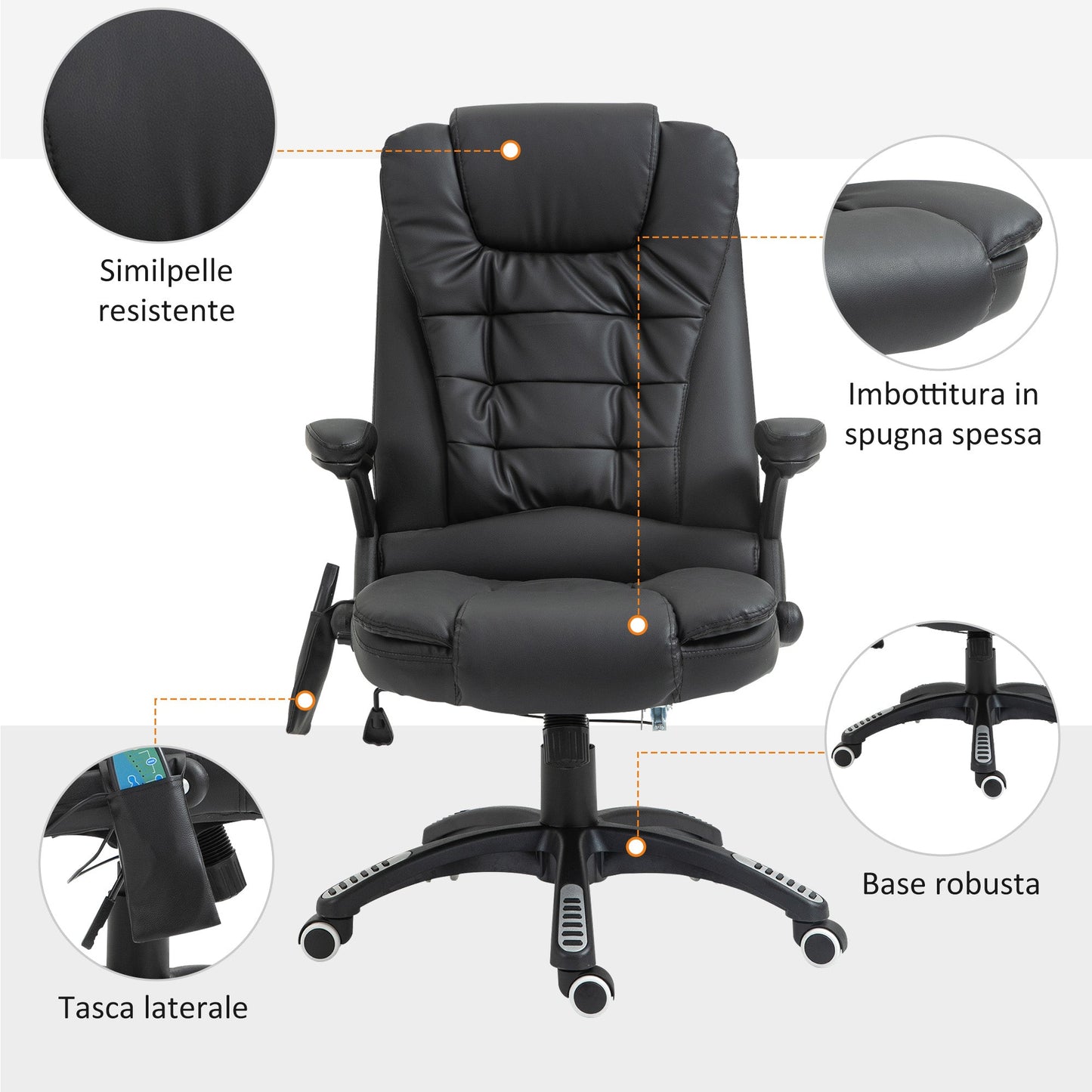 Height Adjustable Office Massage Chair with 6 Massage Points, PU, 68x72x108-118, Black