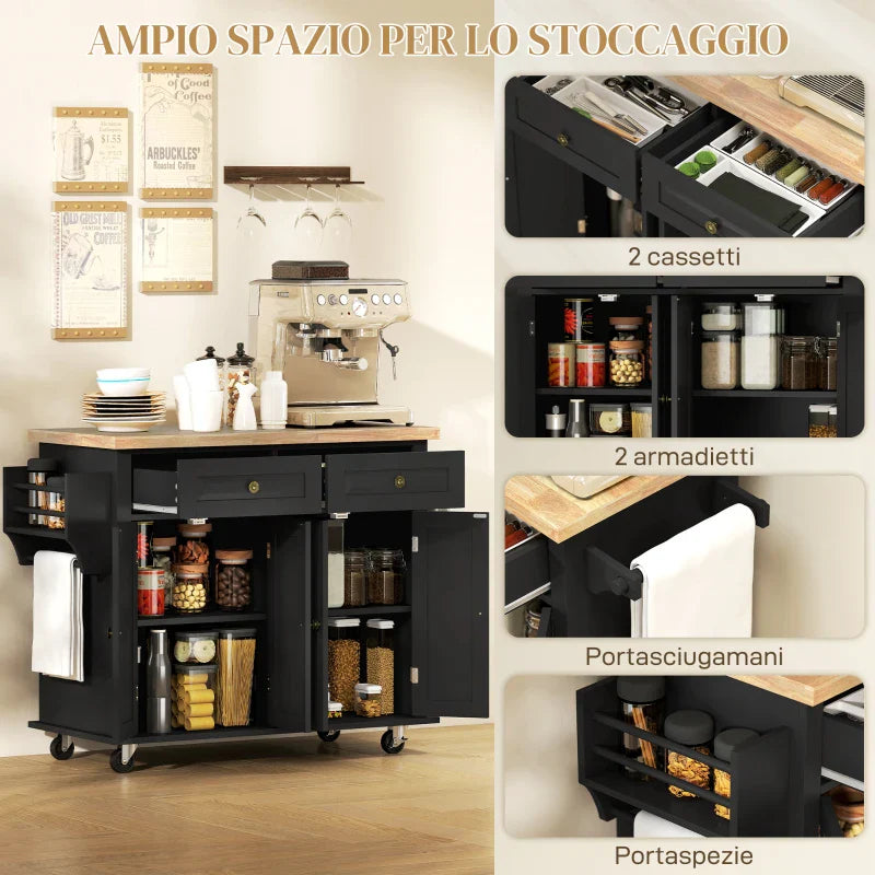 Kitchen Trolley with Drawers, Cabinets and Spice Rack, Made of Wood and MDF, 111x44.5x82.5 cm, Black