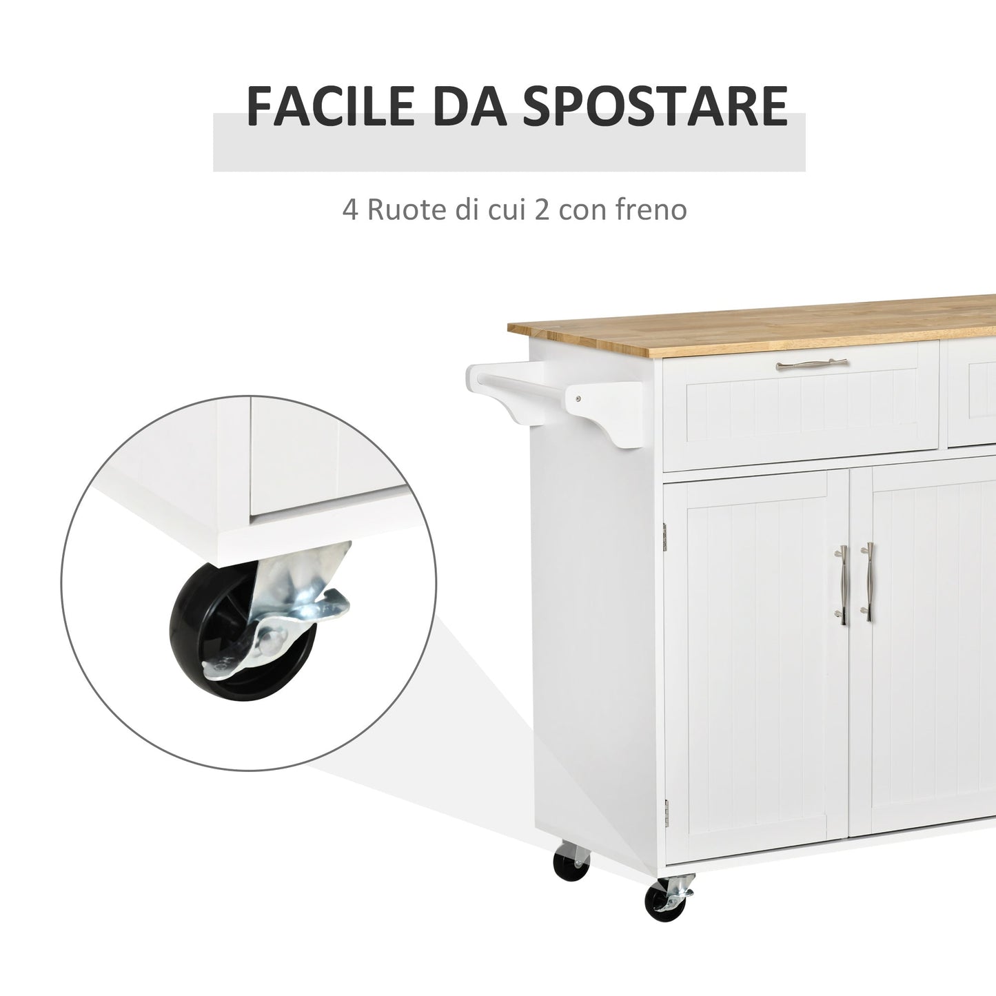 VERA | Multipurpose Wooden Kitchen Cart Trolley with 2 Drawers, 3 Doors and 4 Wheels 121x46x91cm - White
