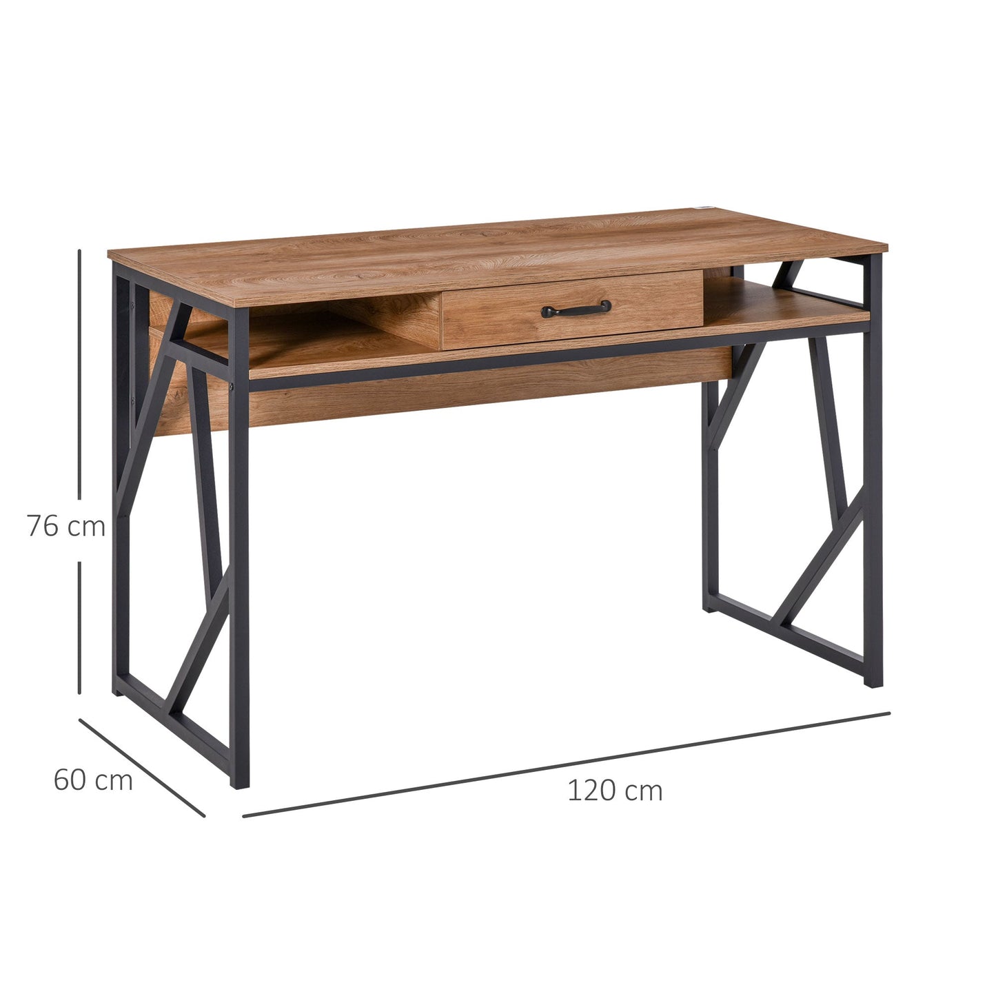 Modern Industrial Style Metal and MDF Desk, Shelves and Drawer for Home and Office, 120x60x76cm Black and Brown