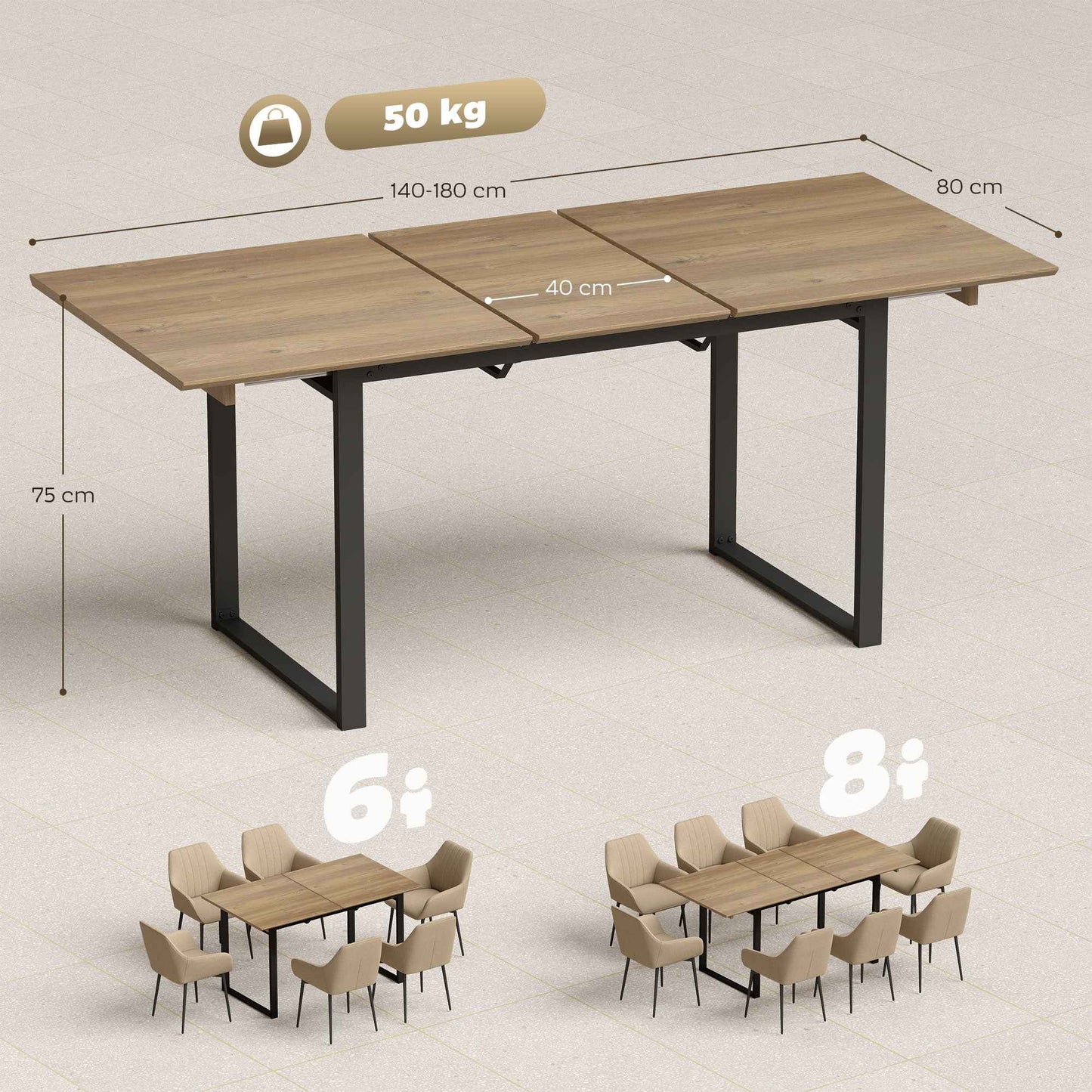Industrial Dining Table for 6-8 People with Round Drop-Leaf Top, in Wood and Steel, 180x80x75 cm