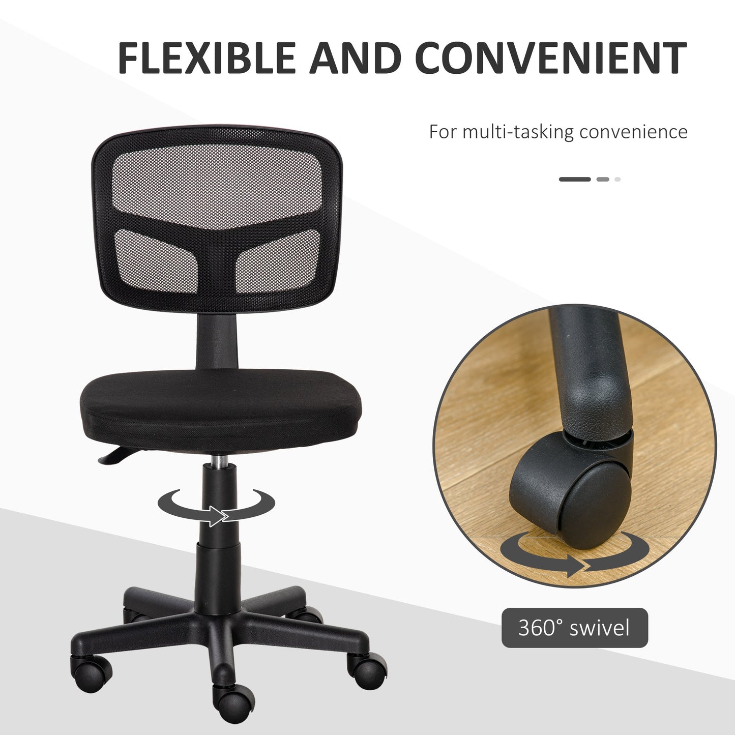 Ergonomic Mesh Office Chair Without Armrests and Height Adjustable, Black