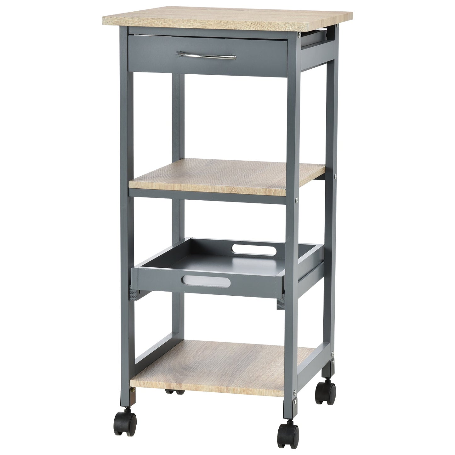 Kitchen Trolley Food Cart with Drawer, 2 Shelves and Pull-Out Tray, 37x37x76cm, Grey