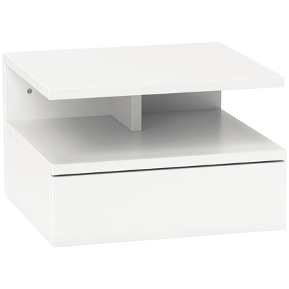 Floating Nightstand for Bedroom with Drawer and Wooden Shelf, 35x32x22.5cm, White