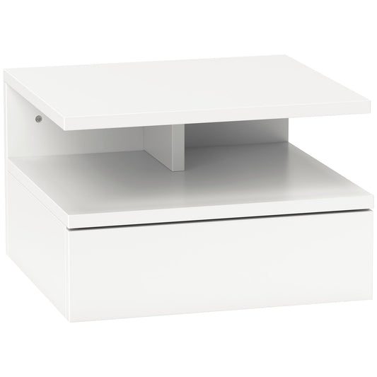 Floating Nightstand for Bedroom with Drawer and Wooden Shelf, 35x32x22.5cm, White