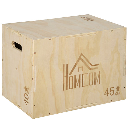 3-Height Adjustable Jump Box for Home and Gym, Beech Wood, 45x40x60 cm