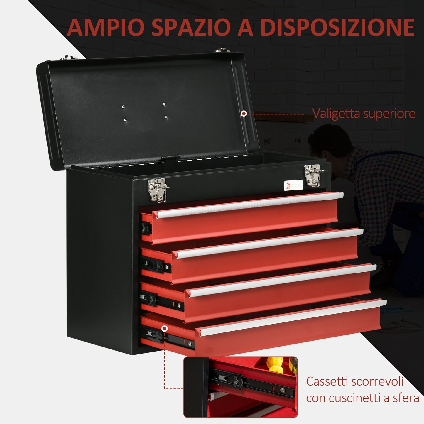 Steel Tool Box with 4 Drawers and Top Tray, 51x22x39.5 cm, Red and Black