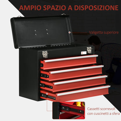 Steel Tool Box with 4 Drawers and Top Tray, 51x22x39.5 cm, Red and Black