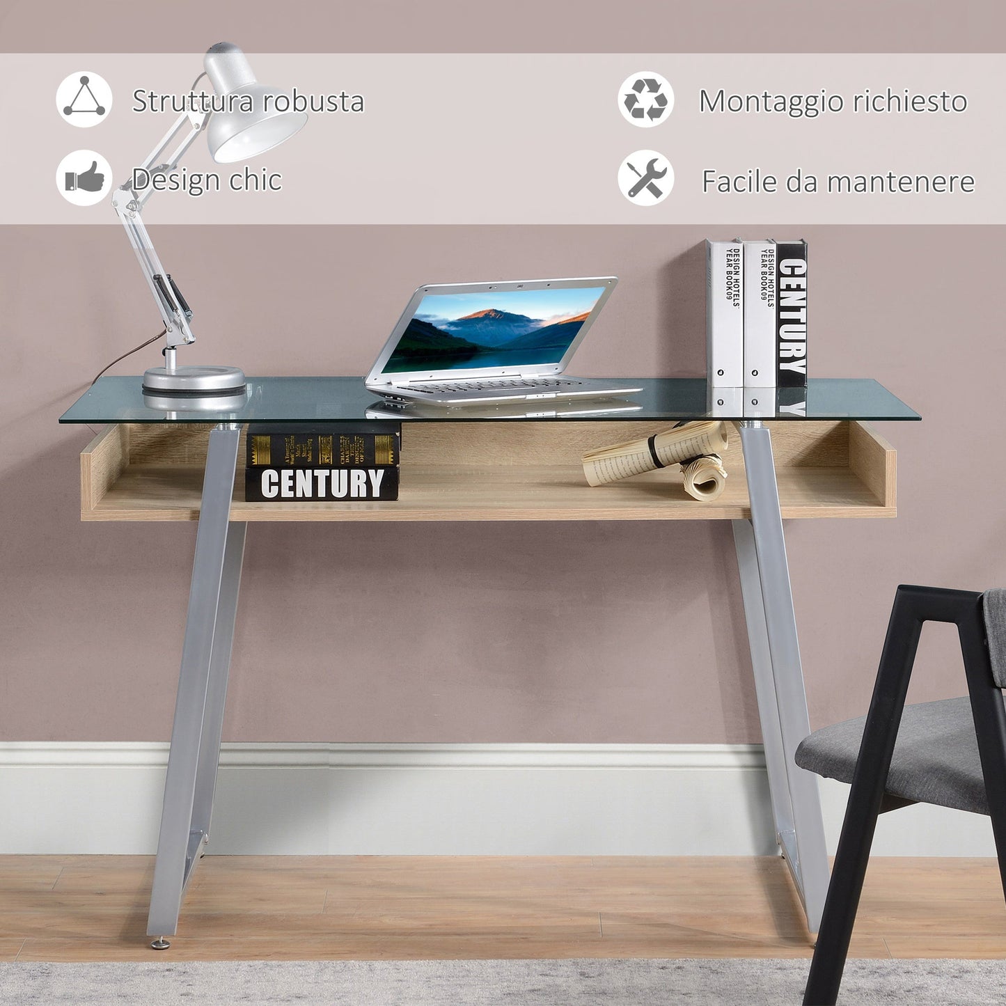 Design desk desk with 9mm tempered glass top and wooden frame and steel, for office house