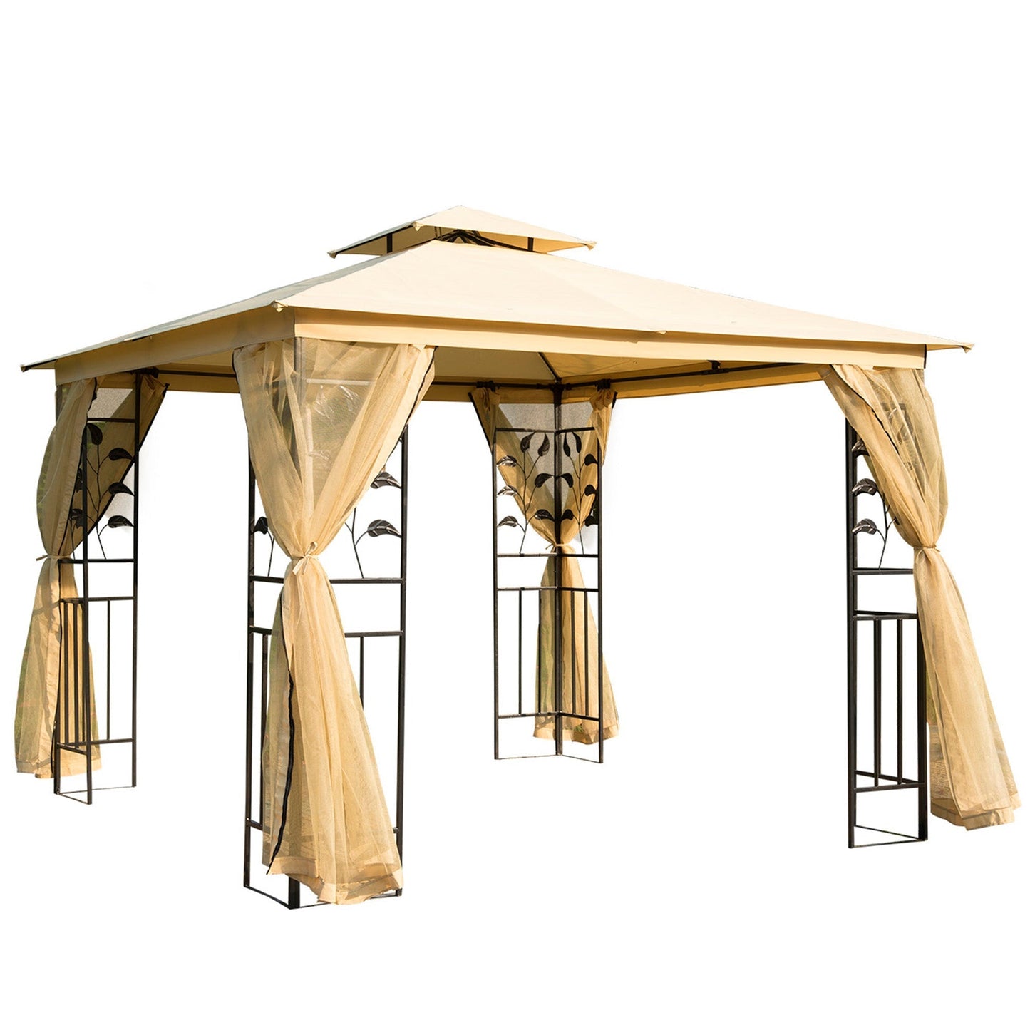 Garden Gazebo 3x3m with Mosquito Net, Steel Frame and Double Roof, Beige