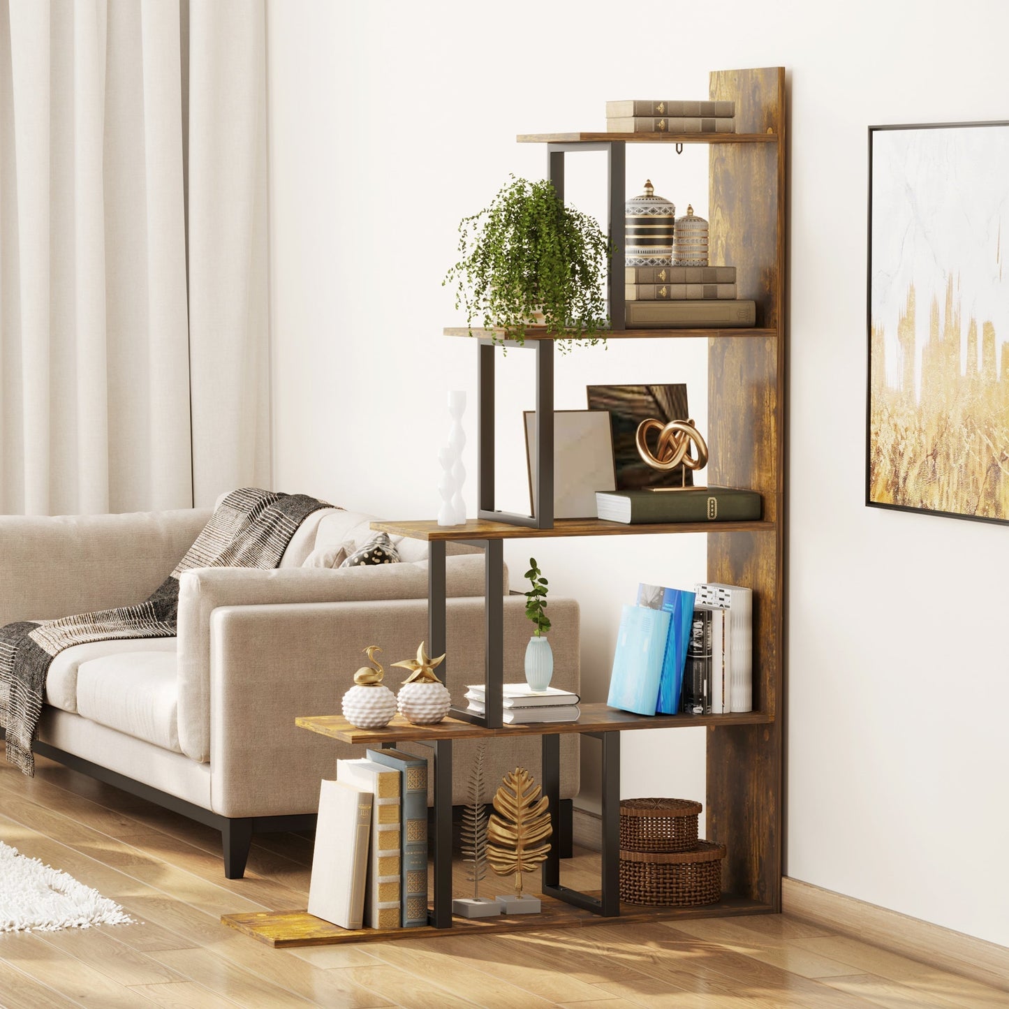 Industrial Style Anti-Tip Bookcase, Vintage Shelf with 5 Chipboard Shelves, 102x30x160cm