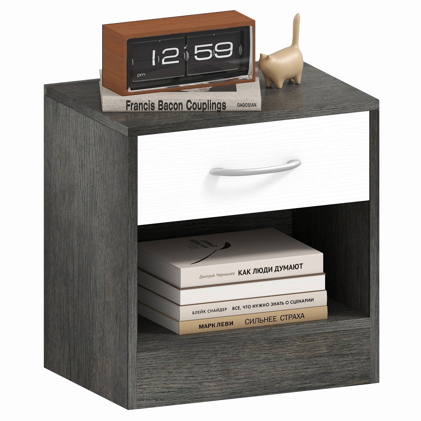 Modern Bedside Table with Open Shelf and Drawer, Wooden, 39x28x41 cm, White and Dark Grey