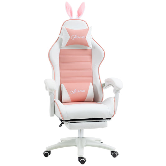 Ergonomic Gaming Chair with Ears, Removable Footrest, Lumbar Cushion and Headrest, Pink