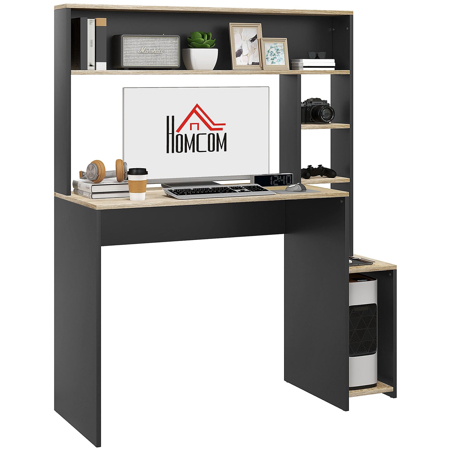 Modern Wooden Desk with Shelves and CPU Holder, 114x45x138cm, Grey and Natural Wood