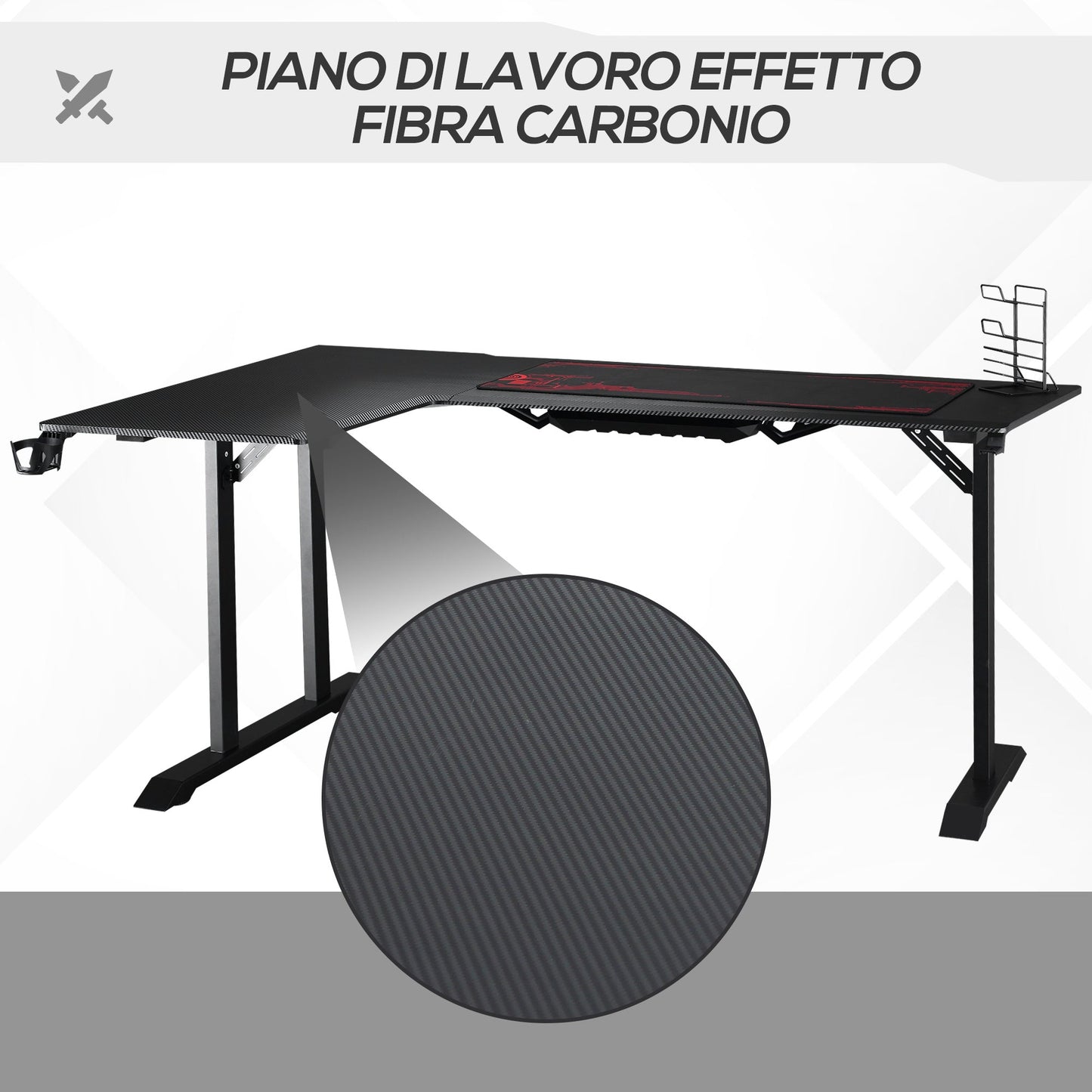 Corner Desk in Black for Gaming and Office with gamepad support and mat