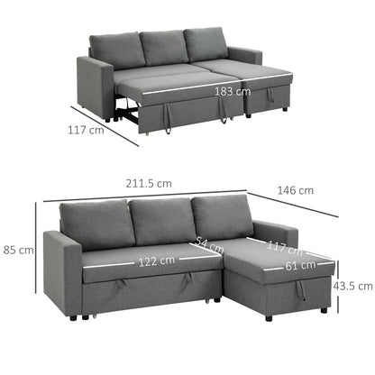 sofa bed 3 seats and peninsula with container, linen effect fabric covering, 211.5x146x85cm