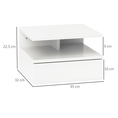 Floating Nightstand for Bedroom with Drawer and Wooden Shelf, 35x32x22.5cm, White