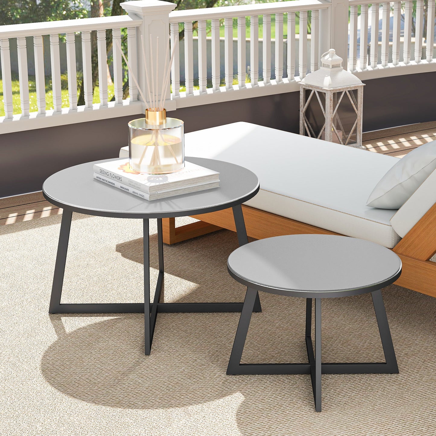 Set of 2 Outdoor Coffee Tables with Tempered Glass Top, Ø70x45 cm and Ø50x35 cm, Gray
